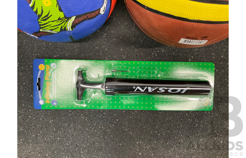 Assorted Basketball, Netball and Volleyball Training Balls and Inflanting Pump - Lot of 9