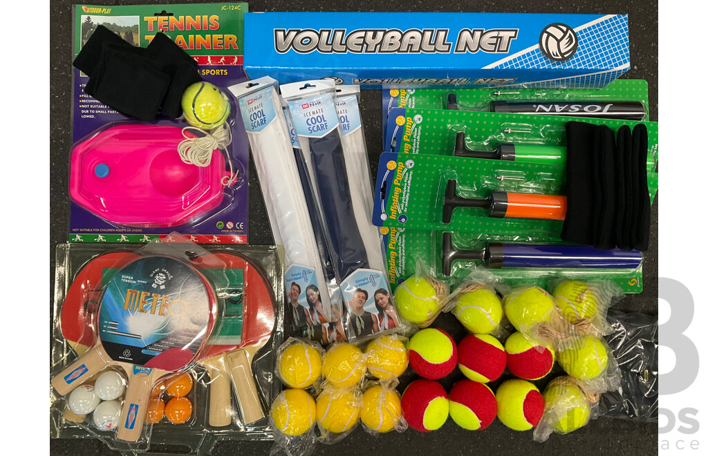 Collection of Various Sports Equipment for Tenis, Table Tenis, Volleyball, Basketball, Soccer, , Including Various Balls, Tennis Rotor Spin and More - Lot of 70