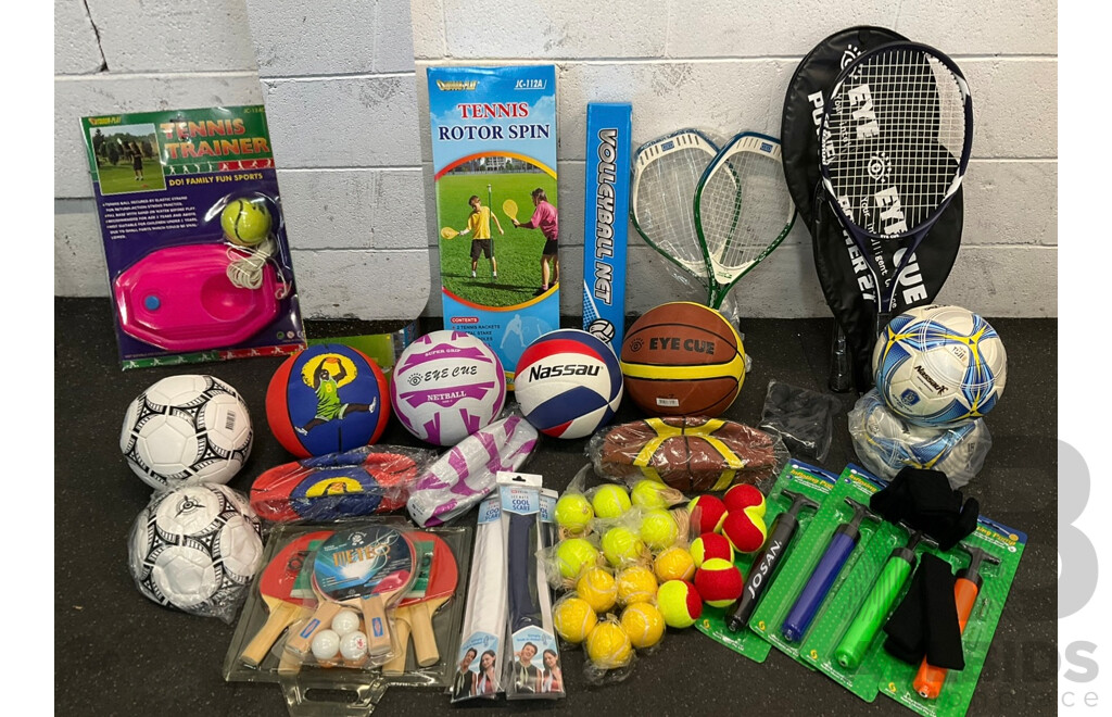 Collection of Various Sports Equipment for Tenis, Table Tenis, Volleyball, Basketball, Soccer, , Including Various Balls, Tennis Rotor Spin and More - Lot of 70