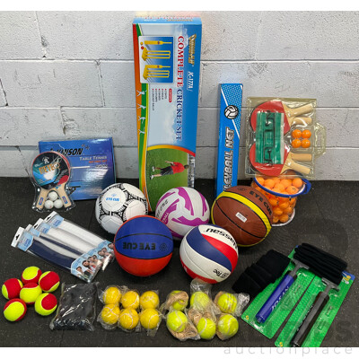 Collection of Various Sports Equipment for Tenis, Table Tenis, Volleyball, Basketball, Soccer, Including Various Balls,  Cricket Set and More - Lot of 59