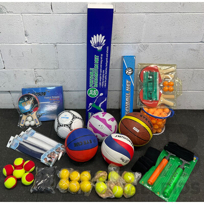 Collection of Various Sports Equipment for Tenis, Table Tenis, Volleyball, Basketball, Soccer, Including Various Balls,  Portable Badminton Net and More - Lot of 59