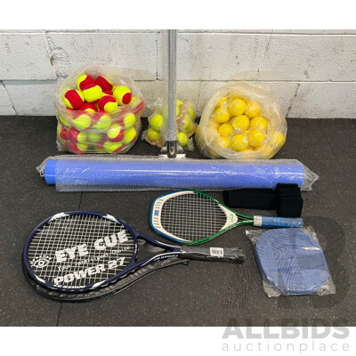 Collection of Sports Equipment for Tenis, Including Court Dry Roller, Tennis Racquets, Trainning Balls and More - Lot of 124