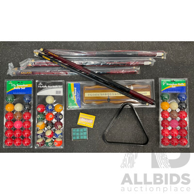 Assorted Billiard Equipment, Including Galaxy Nick Varner Cue (6x) and More  - Lot of 13