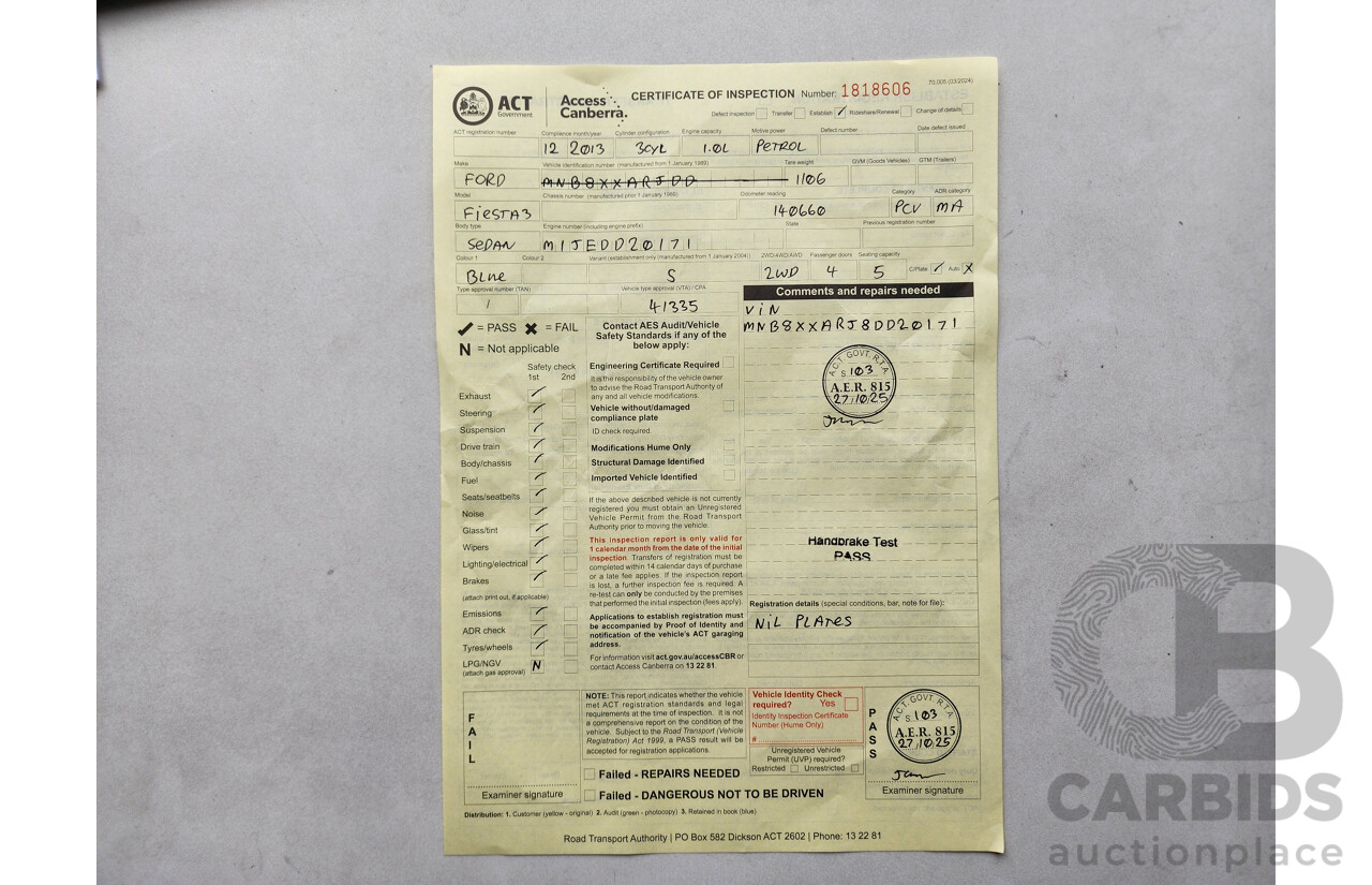 12/2013 Ford Fiesta Zetec WT 5d Hatchback Blue 1.6L