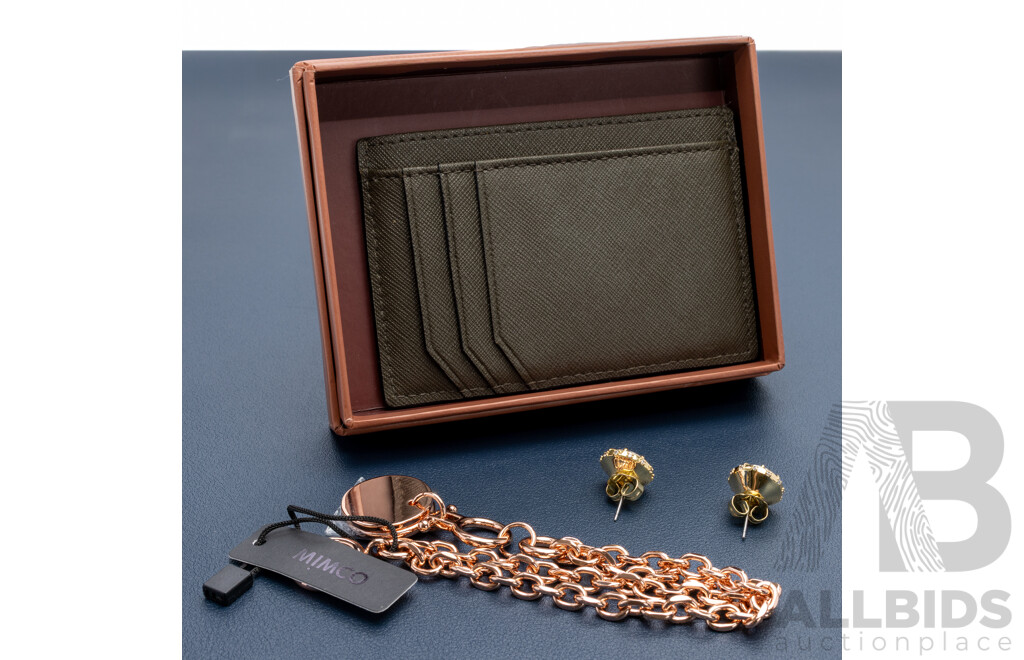 Oroton Card Wallet in Khaki/frost with Presentation Box & Mimco Rose Bracelet and Stud Earrings