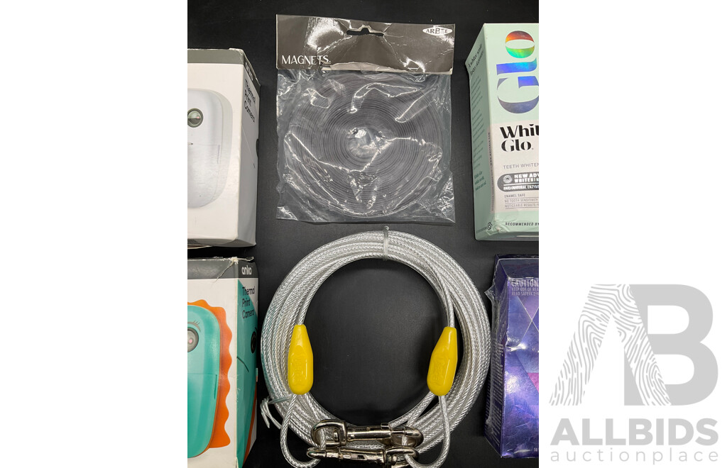 ORAL-B White Strips, WHITE GLO Teeth Whitening Kit, ANKO Thermal Print Cameras, Magnet Strip and Wire Cable - Lot of 6