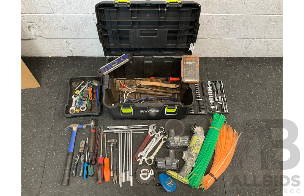 RYOBI 18V ONE+ Angle Grinder with 2 Batteries, Assorted Tools in RYOBI Box