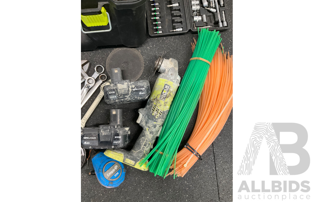 RYOBI 18V ONE+ Angle Grinder with 2 Batteries, Assorted Tools in RYOBI Box