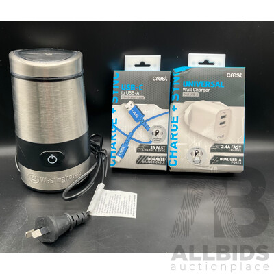 WESTINGHOUSE Multipurpose Stainless Steel Electric Coffee Grinder, CREST USB-C to USB-A Cable and Universal Wall Gcharger - Lot of 3