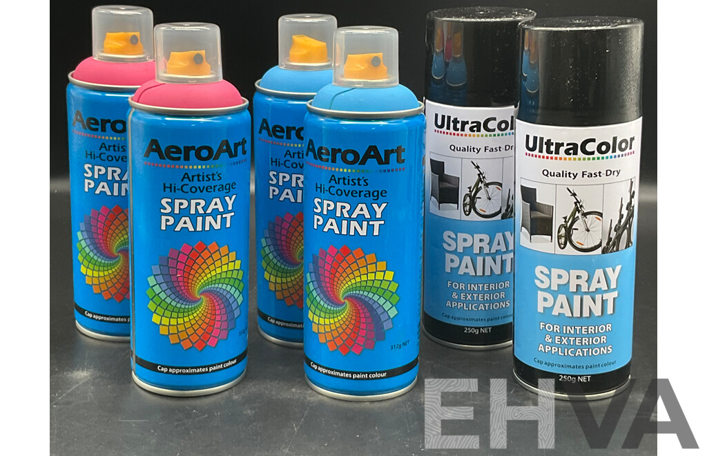 AERO ART Aerosol Spray Paint 312g (x4) and ULTRA COLOR Spray Paint 250g (x2) - Assorted Colors - Lot of 6
