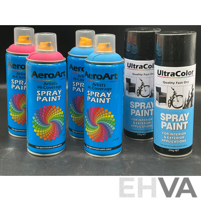 AERO ART Aerosol Spray Paint 312g (x4) and ULTRA COLOR Spray Paint 250g (x2) - Assorted Colors - Lot of 6
