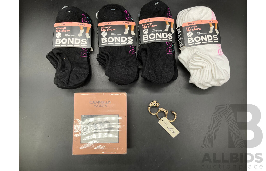 CALVIN KLEIN Women 50ml Eau De Parfum, BONDS Socks and LOUISA Ring - Lot of 6