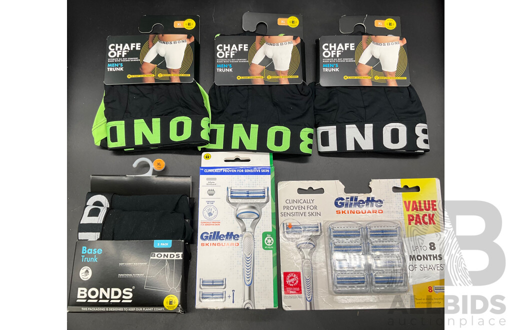 BONDS Men's Trunk Size XL (x4),GILLETTE Skinguard Razor and Blades - Lot of 6