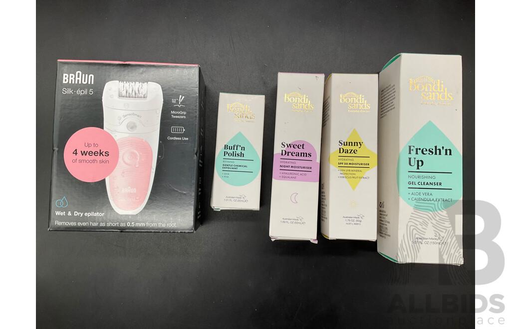 BRAUN Silk-epil 5 Epilator and BONDI SANDS Skincare Products - Lot of 5