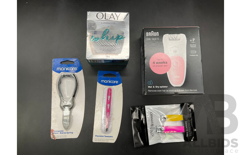 BRAUN Silk-epil 5 Epilator, MANICARE Products and OLAY Whip Cream - Lot of 5