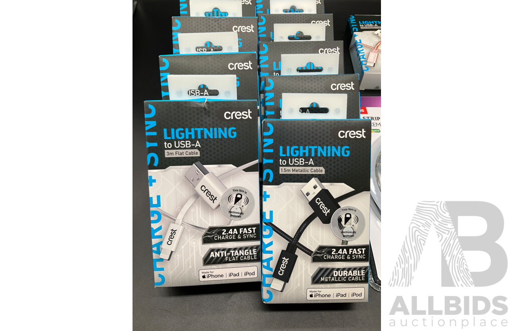 CREST Lightning to USB-A 3m Flat Cables (x14) and COLES Led Strip Light - Lot of 15