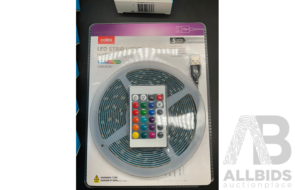 CREST Lightning to USB-A 3m Flat Cables (x14) and COLES Led Strip Light - Lot of 15