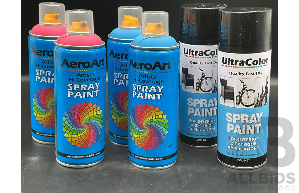 AERO ART Aerosol Spray Paint 312g (x4) and ULTRA COLOR Spray Paint 250g (x2) - Assorted Colors - Lot of 6