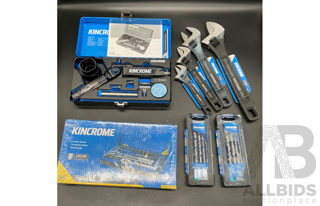 KINCROME 48 Piece Socket Set, Soldering Iron Kit, Adjustable Wrenches (x4) and Drill Bit Set (x2) - Lot of 4