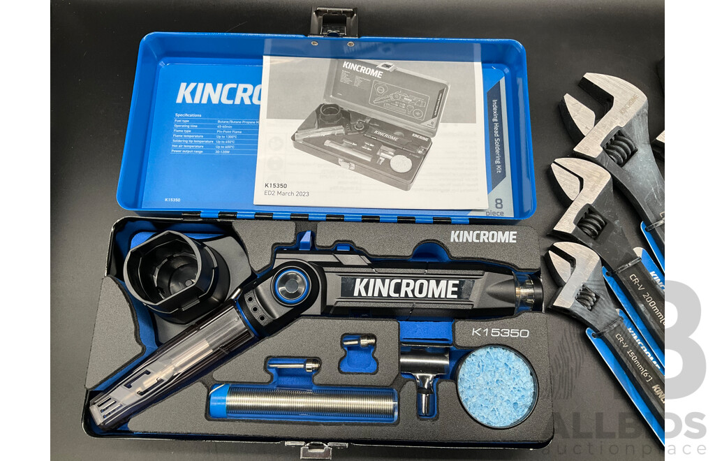 KINCROME 48 Piece Socket Set, Soldering Iron Kit, Adjustable Wrenches (x4) and Drill Bit Set (x2) - Lot of 4