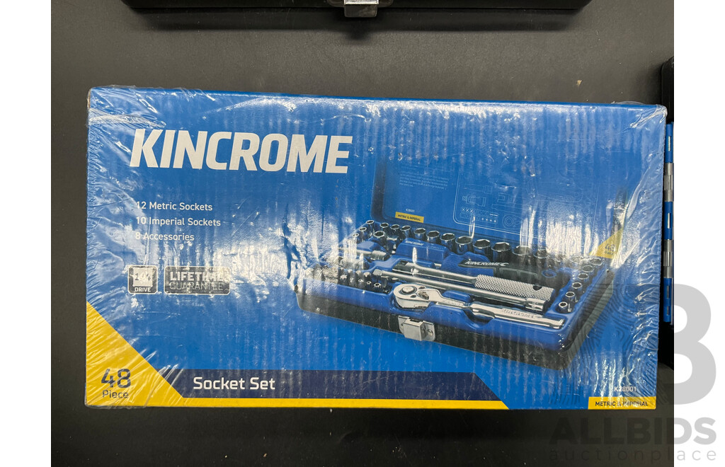 KINCROME 48 Piece Socket Set, Soldering Iron Kit, Adjustable Wrenches (x4) and Drill Bit Set (x2) - Lot of 4