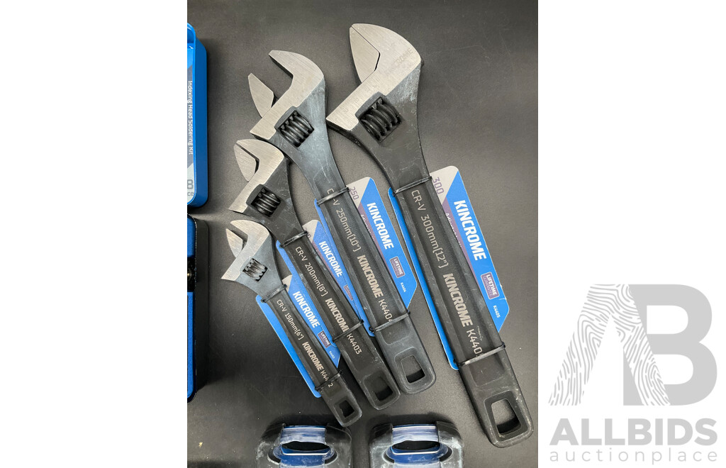 KINCROME 48 Piece Socket Set, Soldering Iron Kit, Adjustable Wrenches (x4) and Drill Bit Set (x2) - Lot of 4