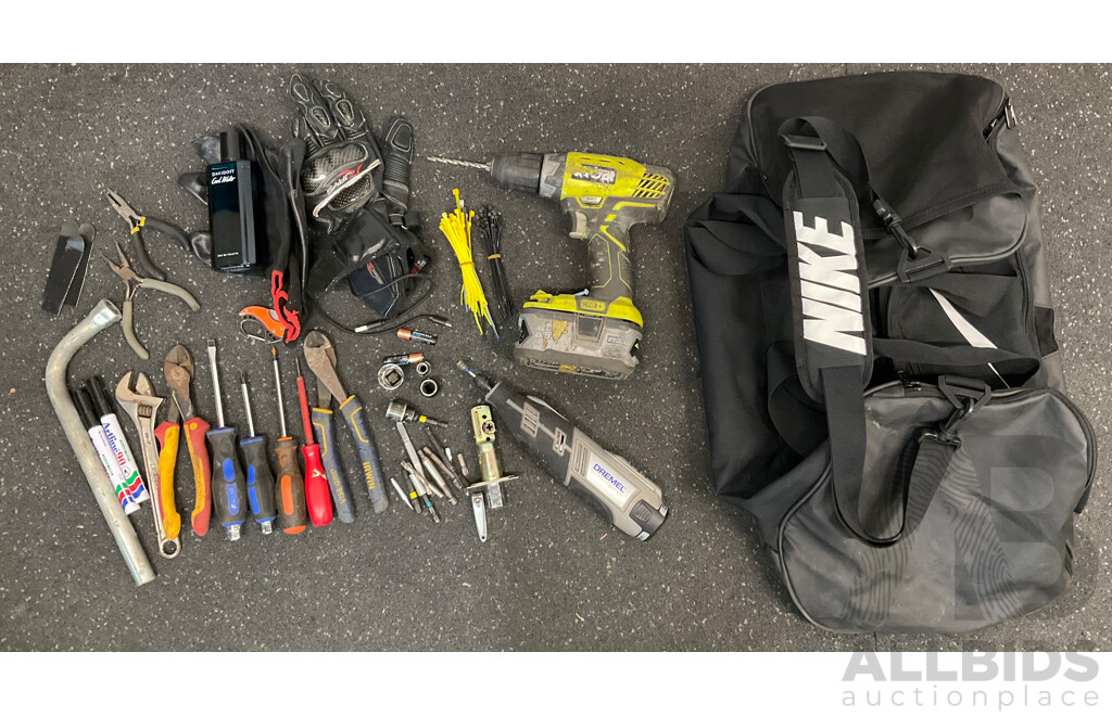 RYOBI 18V ONE+ Drill Driver with Battery, DREMEL Rotary Tool, NIKE Duffle Bag and Assorted Tools
