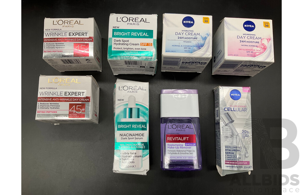 L'OREAL Paris Skincare Products From the Wrinkle Expert and Bright Reveal Lines, NIVEA Day Creams and Hyaluronic Serum - Lot of 8