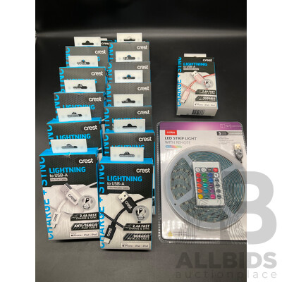 CREST Lightning to USB-A 3m Flat Cables (x14) and COLES Led Strip Light - Lot of 15
