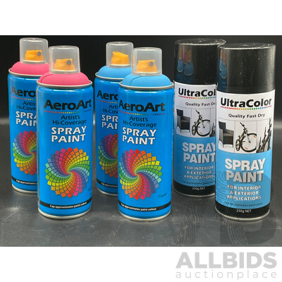 AERO ART Aerosol Spray Paint 312g (x4) and ULTRA COLOR Spray Paint 250g (x2) - Assorted Colors - Lot of 6