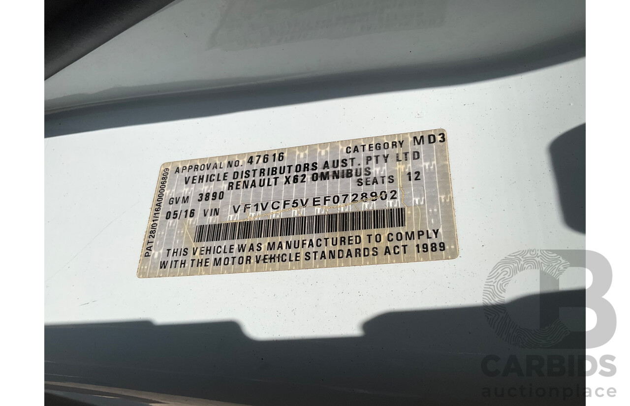 05/2016 Renault Master LWB MID (FWD) X62 Bus Glacier White Turbo Diesel 2.3L - Custom Wheelchair Lift