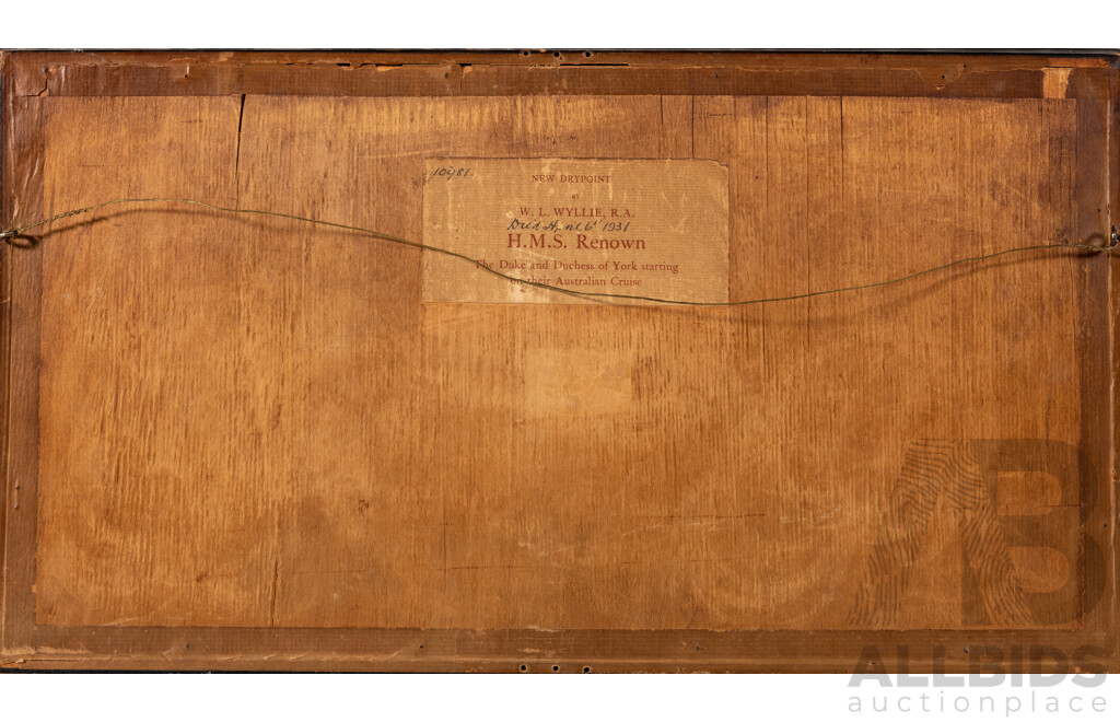 W.L.Wylie, (19th/20th Centuries, British, 1851-1931), HMS Renown, The Duke & Duchess of York Starting on Their Australian Cruise (1927), Lovely Antique New Drypoint, 29 x 52 cm (frame)