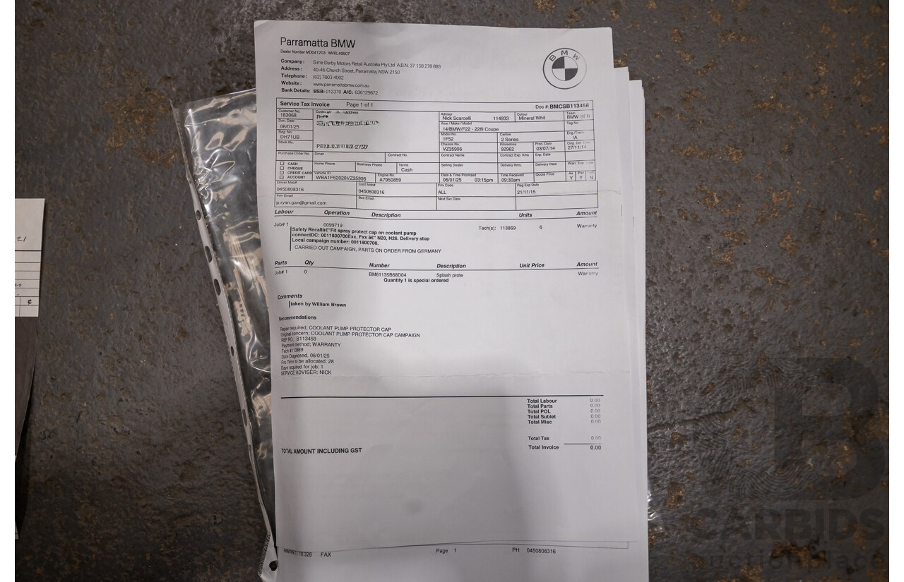 09/2014 BMW 228i M-Sport F22 MY15 2D Coupe Mineral White Turbo 2.0L