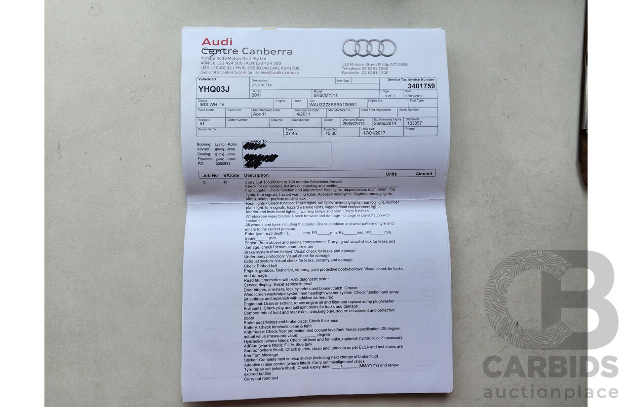 6/2011 Audi Q5 2.0 TDI Quattro 8R MY12 4d Wagon White 2.0L