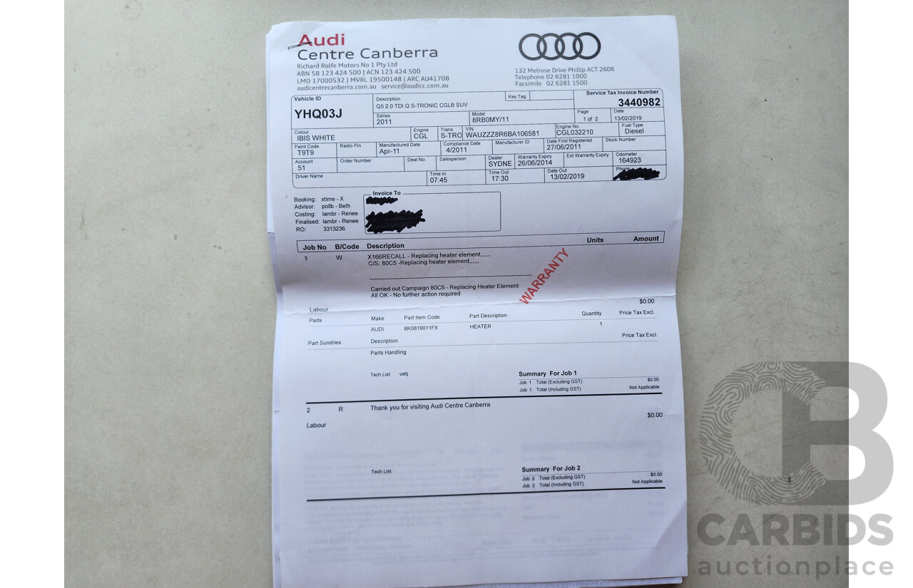 6/2011 Audi Q5 2.0 TDI Quattro 8R MY12 4d Wagon White 2.0L