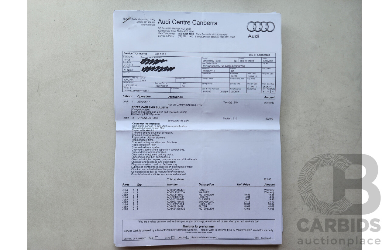 6/2011 Audi Q5 2.0 TDI Quattro 8R MY12 4d Wagon White 2.0L