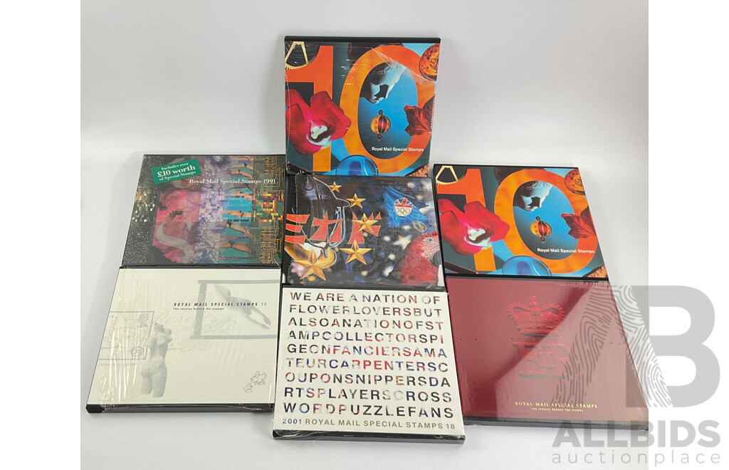 Seven United Kingdom Royal Mail Stamp Albums Including 1991, 1992, 1993(2) 1996, 1998, 2001