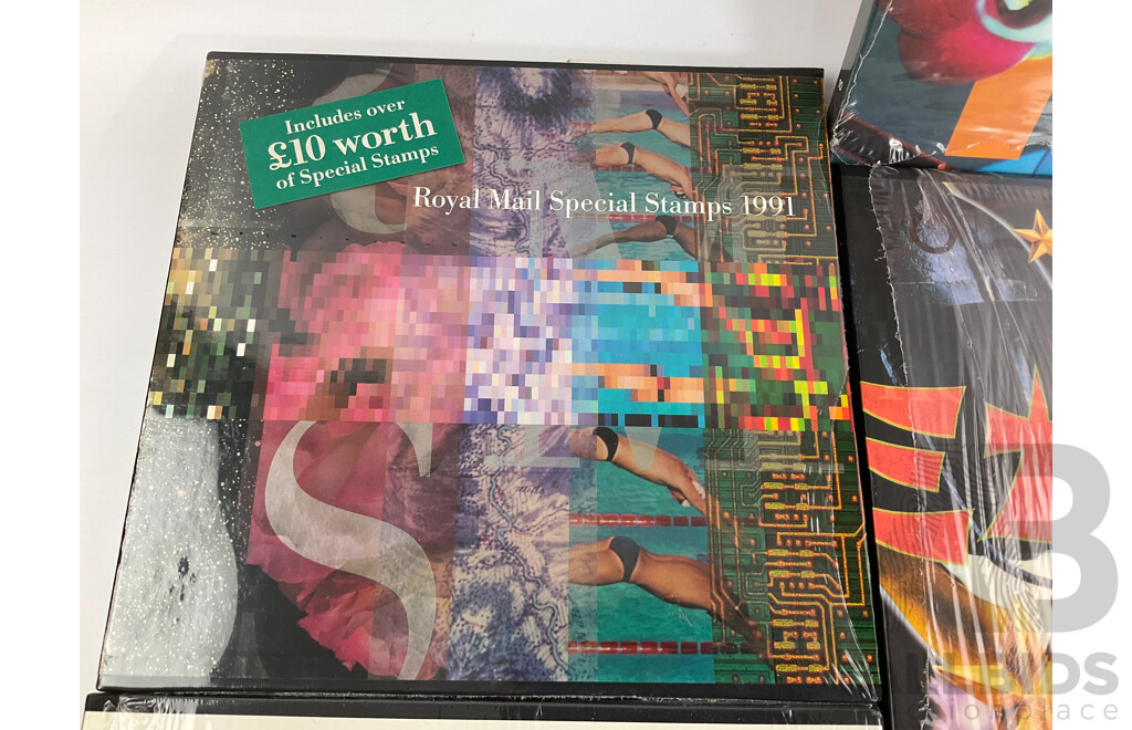 Seven United Kingdom Royal Mail Stamp Albums Including 1991, 1992, 1993(2) 1996, 1998, 2001