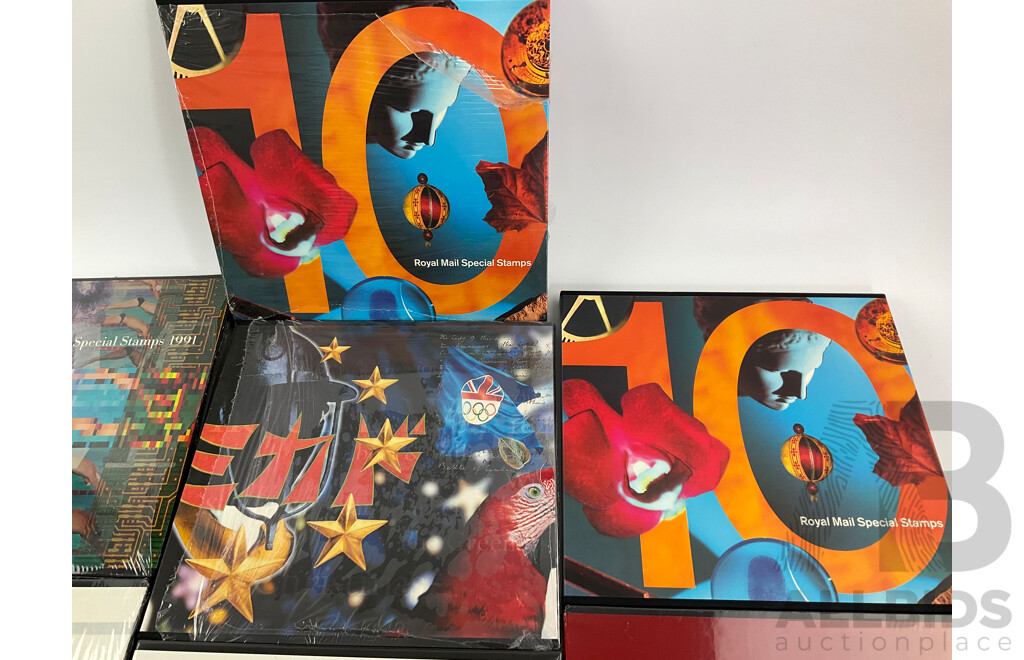 Seven United Kingdom Royal Mail Stamp Albums Including 1991, 1992, 1993(2) 1996, 1998, 2001