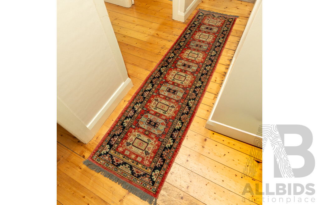 Vintage Kazak Hall Runner in Red and Blue Tones