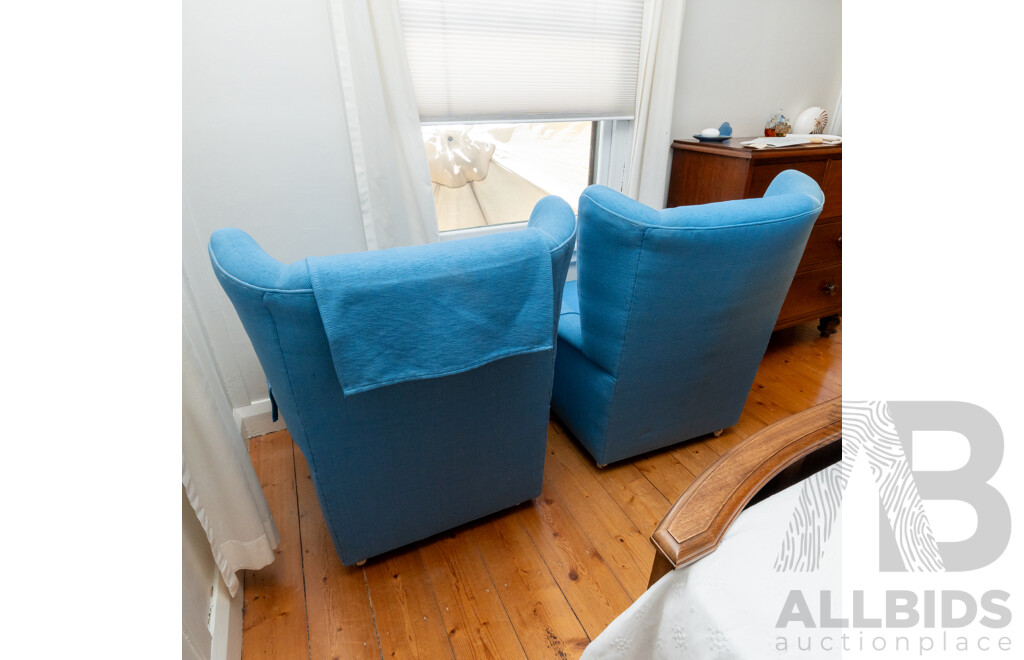 Pair of Modern Wing Back Armchairs with Blue Linen Upholstery
