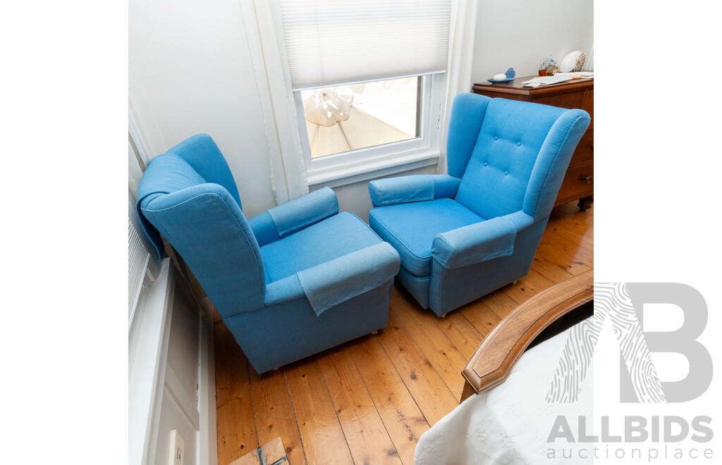 Pair of Modern Wing Back Armchairs with Blue Linen Upholstery