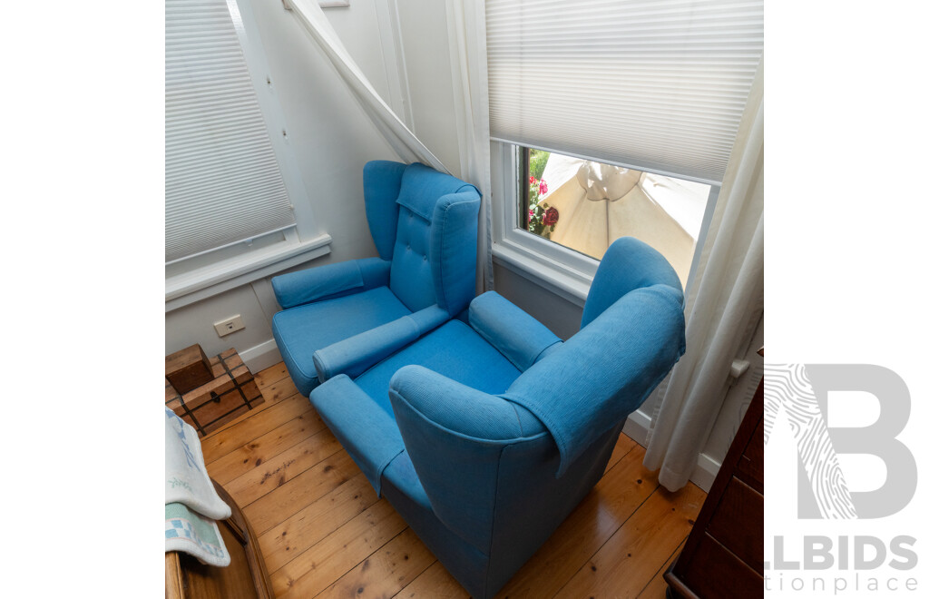 Pair of Modern Wing Back Armchairs with Blue Linen Upholstery
