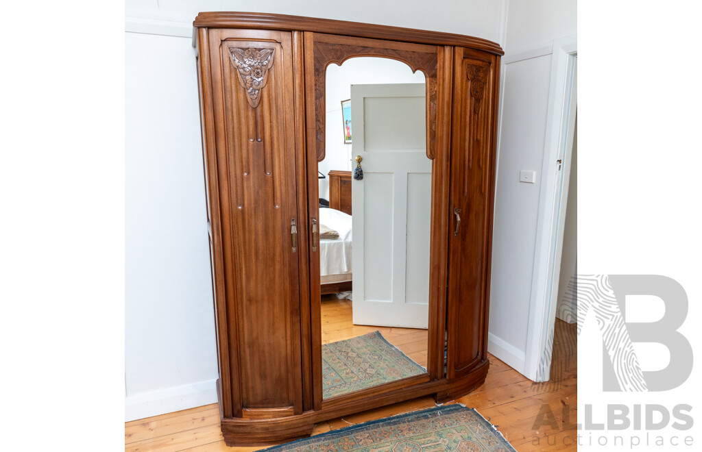 Art Deco Oak Three Door Bow Front Wardrobe with Central Mirror