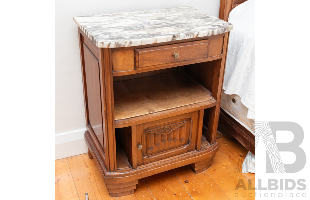 Art Deco Oak Single Door Bedside with Marble Top