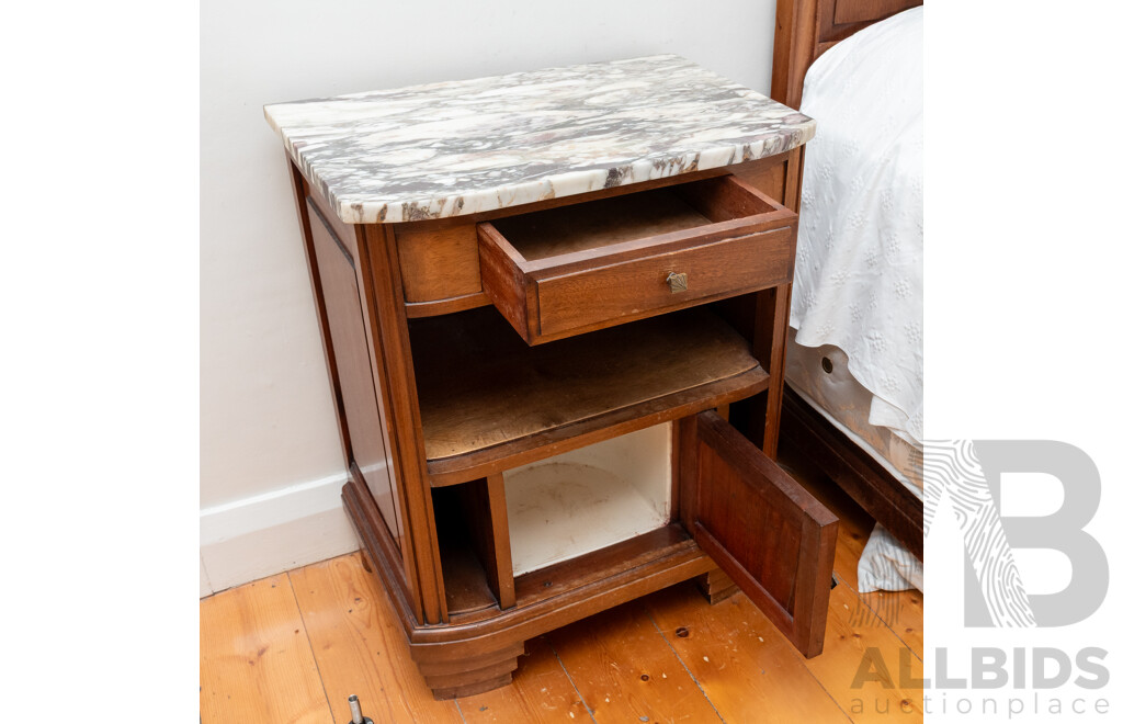 Art Deco Oak Single Door Bedside with Marble Top
