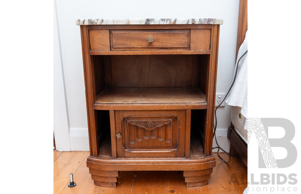 Art Deco Oak Single Door Bedside with Marble Top