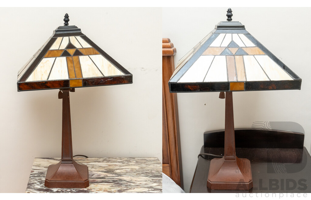 Pair of Good Reproduction Art Deco Table Lamps with Lead Light Shades