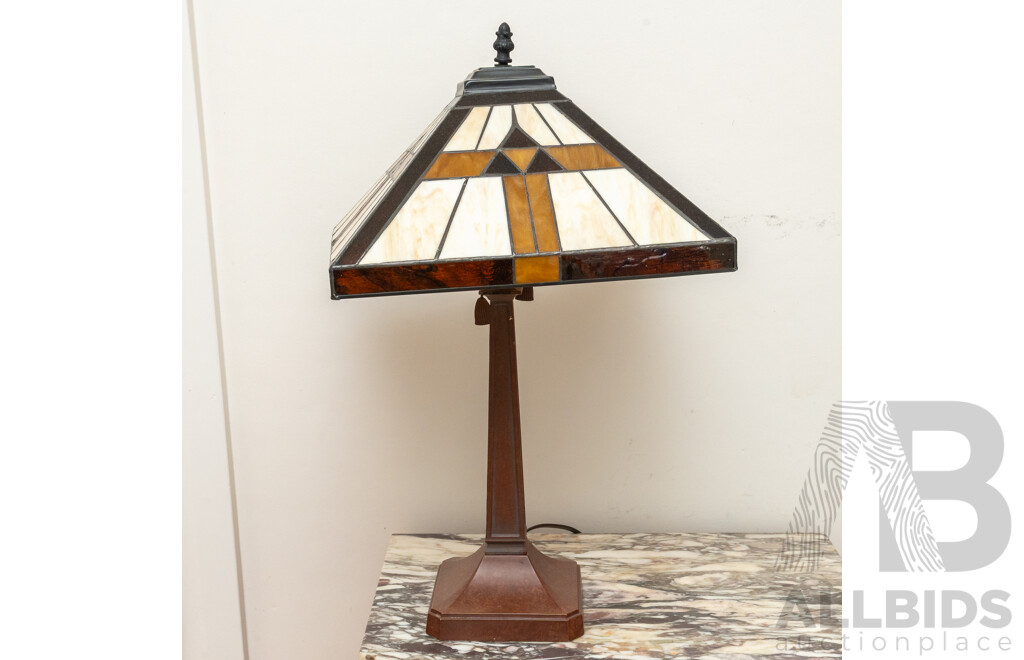 Pair of Good Reproduction Art Deco Table Lamps with Lead Light Shades