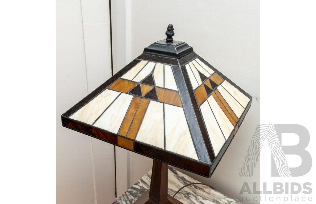 Pair of Good Reproduction Art Deco Table Lamps with Lead Light Shades